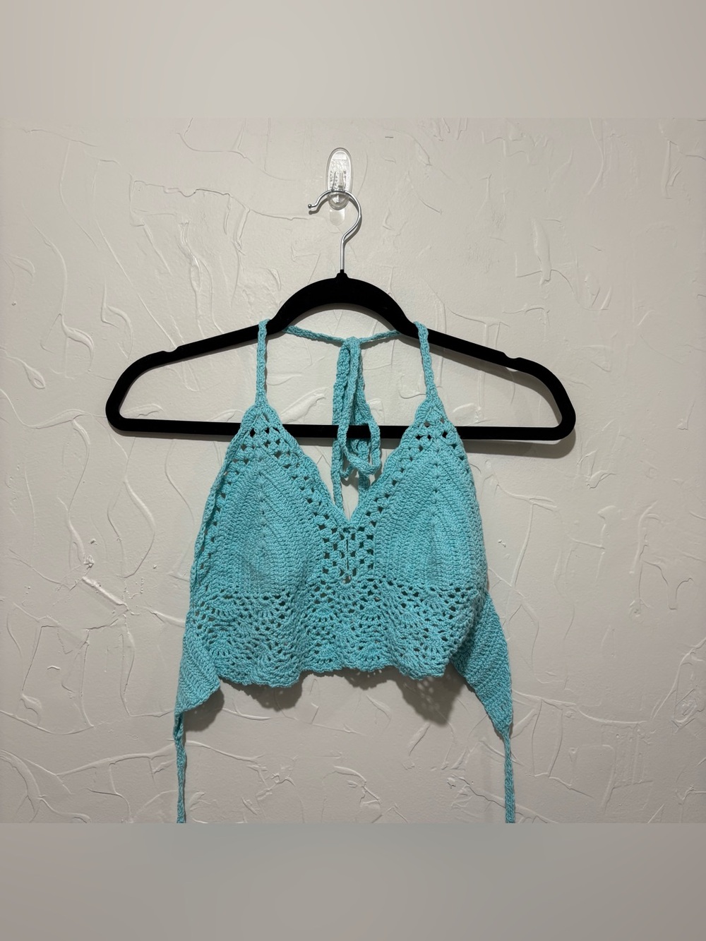 Unbranded aqua blue crochet knit bralette top (measures size small)